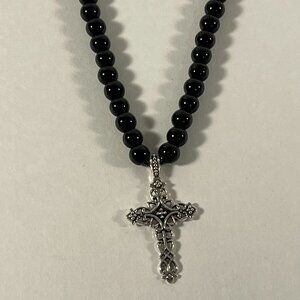Ornate Silver Cross Black Glass Bead Necklace NWT